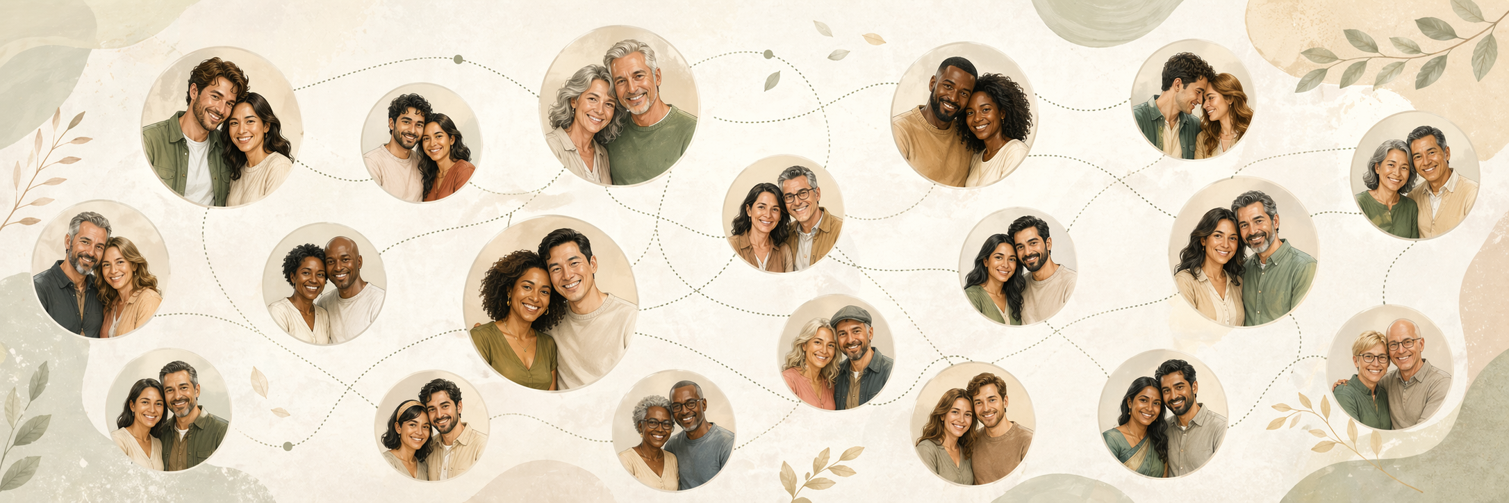 Illustrated banner showing diverse couples connected by dotted lines in soft neutral tones, symbolizing love, support, and connection.