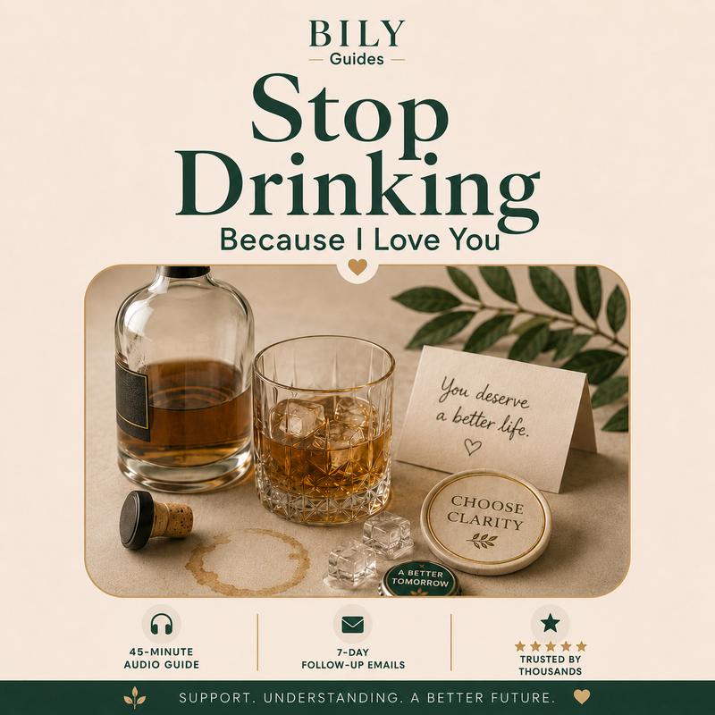 BILY Guides Stop Drinking cover featuring a liquor bottle, glass, cork, and supportive sobriety messages in a calm cream and green design.

