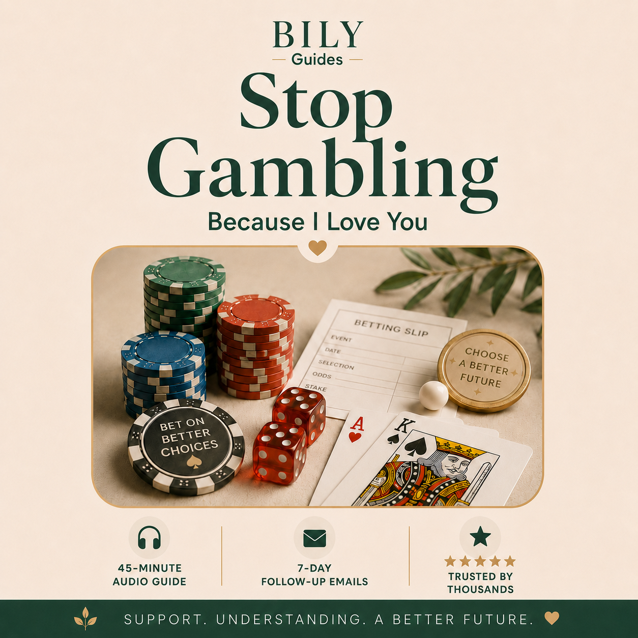 BILY Guides Stop Gambling cover featuring poker chips, dice, playing cards, and supportive recovery messages in a calm cream and green design.