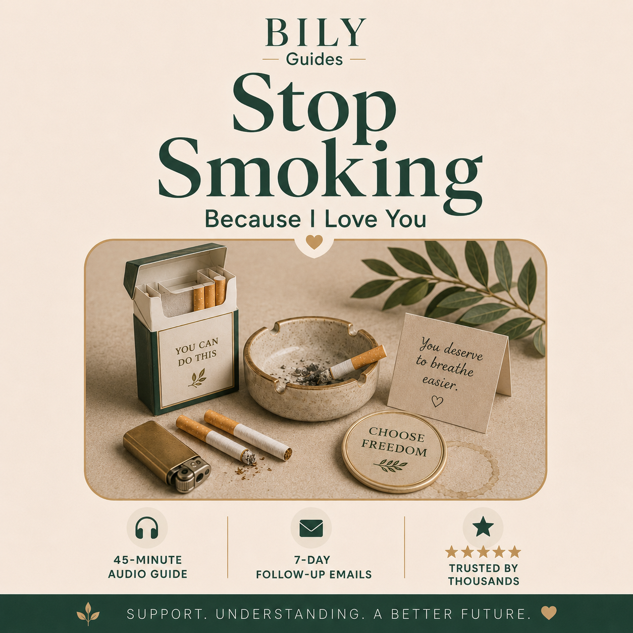 BILY Guides Stop Smoking cover featuring cigarettes, a lighter, an ashtray, and supportive quit-smoking messages in a calm cream and green design.