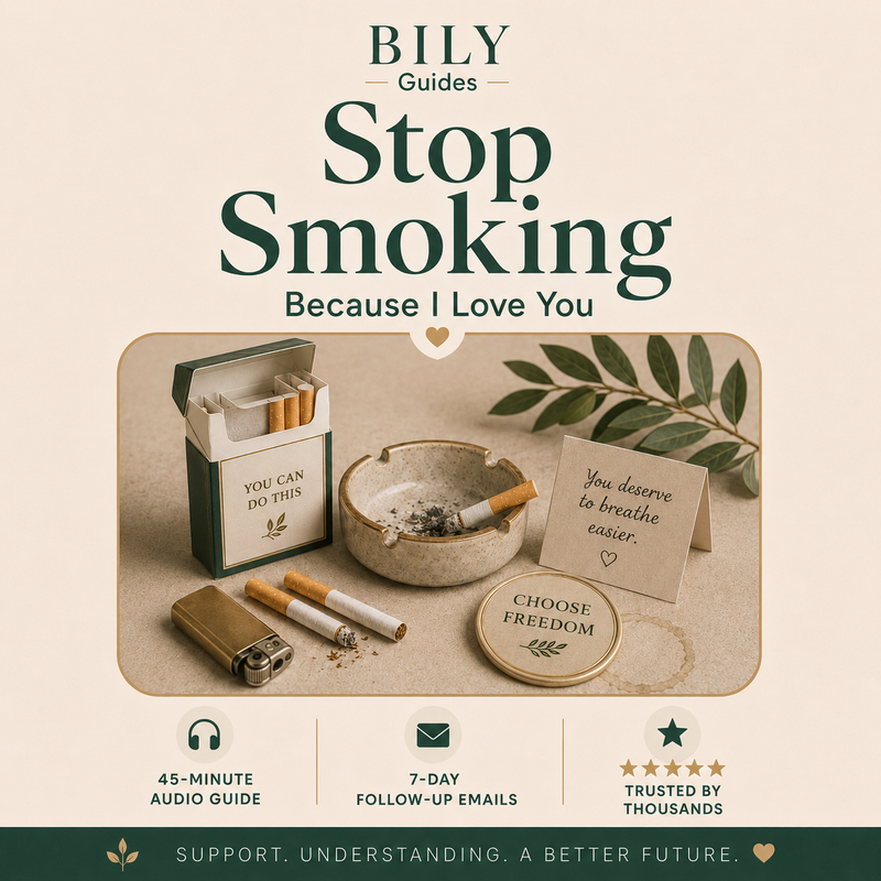 BILY Guides Stop Smoking cover featuring cigarettes, a lighter, an ashtray, and supportive quit-smoking messages in a calm cream and green design.